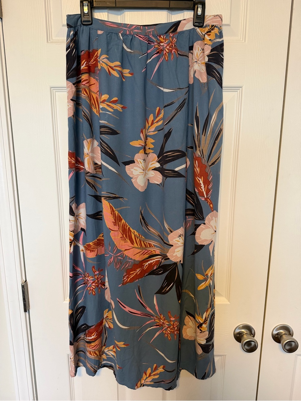 Patrons of Peace Womens L Blue Tropical Floral Front Slit Maxi Skirt/Cover Boho